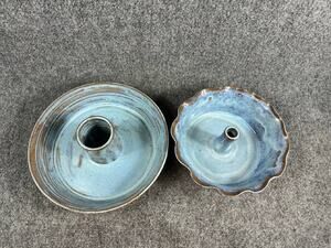 Handmade Ceramic Cake Stand Pedestal Pie Dessert Plate Blue Glaze Set of 2